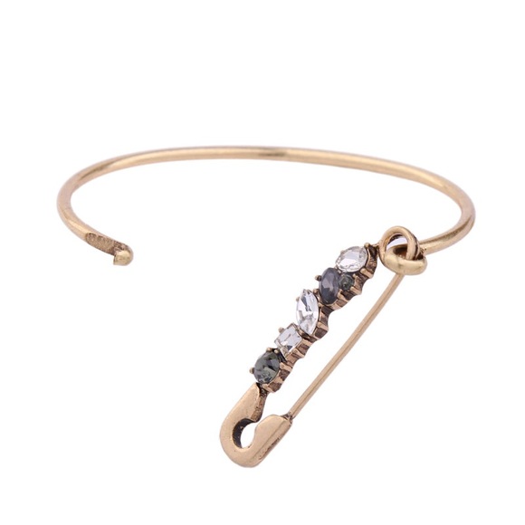 Safety Pin Crystal Bezelled Bracelet, Antique Gold Tone Bangle - Picture 8 of 8